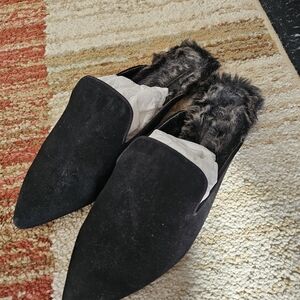 Black  Fur Lined Pointed Loafers